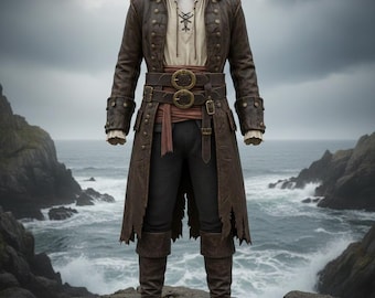 Gabardina de cuero vintage de capitán pirata, uniforme de marinero espadachín, armadura de guerrero de fantasía medieval para hombre