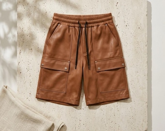 Men's Cognac Vegan Leather Cargo Shorts - Luxury Brown Faux Leather Streetwear, Ribbed Drawstring Waist, Summer Techwear Fashion Bottoms
