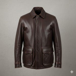 May include: A brown leather jacket with a collared neckline and two front pockets. The jacket has a classic design with a button closure and a smooth, polished finish. The jacket is a medium brown color.