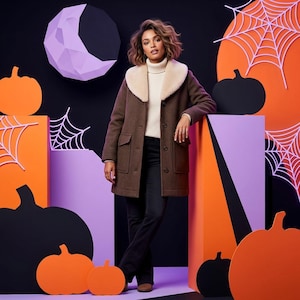 Brauner Damen-Wollmantel mit Lammfellkragen, warme Vintage-Winterjacke, kuschelige Herbstjacke, eleganter Plüschmantel mit Pelzrevers für Damen