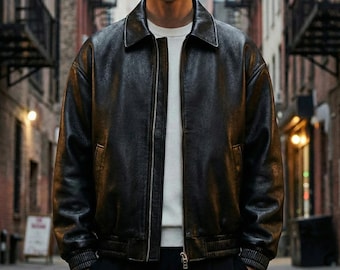 Chaqueta bomber de cuero negra de gran tamaño para hombre, estilo vintage, estilo urbano, estilo motero retro de los años 90, con cremallera completa, regalo de invierno para él, abrigo de otoño.