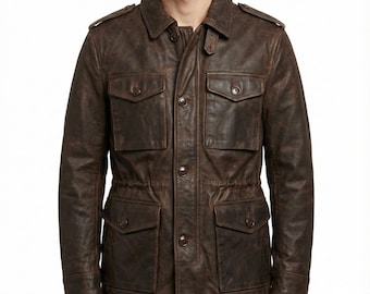 Chaqueta de campo de cuero marrón oscuro para hombre, estilo safari militar M65, abrigo de carga utilitario, abrigo de invierno de cuero genuino, hecho a mano y personalizado, desgastado.