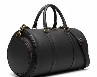 Luxury Black Leather Duffel Bag - Mens Weekend Carry On Travel Luggage - Genuine Pebbled Leather Gym Bag with Shoe Compartment & Brass Clips
