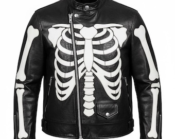 Chaqueta de cuero para hombre con estampado de esqueleto, estilo motero, color negro, con huesos de la caja torácica. Ideal para disfraz de Halloween, estilo punk gótico o urbano. Confeccionada en piel auténtica.