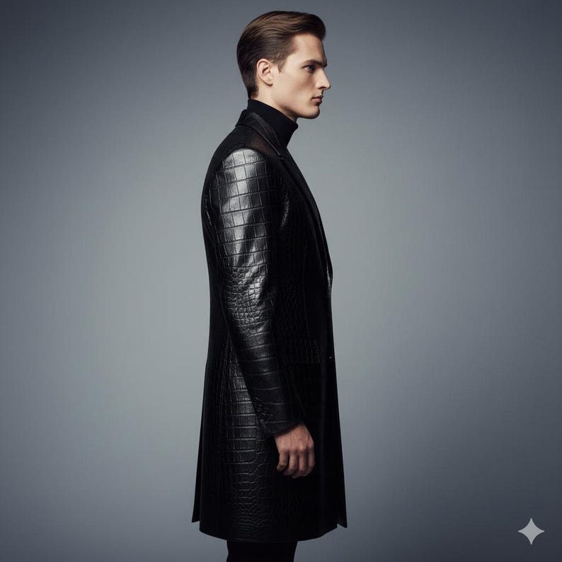 mens leather trench coat, black crocodile jacket, alligator skin overcoat, long leather jacket men, luxury winter outerwear, gothic fashion coat, matrix style clothing, embossed cowhide coat, textured leather blazer, formal menswear, gift for husband, boyfriend birthday gift, slim fit long coat, streetwear fashion, exotic skin jacket, warm winter jacket, black duster coat, single breasted trench, genuine leather apparel, bespoke mens clothing, unique fashion statement, christmas gift him