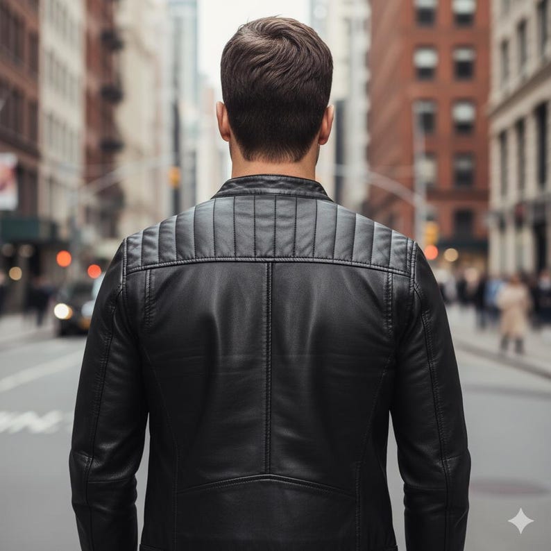 Men's Leather Jacket, Black Leather Jacket, Cafe Racer Jacket, Moto Jacket, Genuine Leather, Biker Jacket, Slim Fit Jacket, Quilted Jacket, Motorcycle Jacket, Gift for Him, Mens Outerwear, Vintage Style Jacket, Padded Shoulders, Lightweight Jacket, Streetwear, Band Collar, Minimalist Jacket, Gift for Dad, Zippered Pockets, Christmas Gift