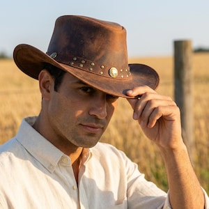 Handmade Brown Leather Cowboy Hat - Western Outback Style with Brass Studs & Buffalo Conchos - Rugged Bush Hat for Men Women Outdoor Gear