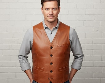 Chaleco de cuero genuino para hombre, color marrón claro, estilo vintage con solapa y botones al frente, correa ajustable en la espalda, ideal para un look motero o como regalo formal.