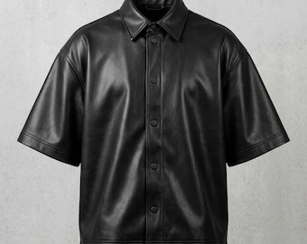 Men’s Black Faux Leather Short Sleeve Button Up Shirt, Oversized Boxy Fit Streetwear Top, Vegan Leather Minimalist Collared Casual Shacket