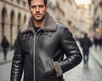 Chaqueta bomber de piel de oveja B3 para hombre, abrigo de aviador de cuero negro, chaqueta de piloto con forro de piel de oveja, prenda exterior cálida de piel de oveja, estilo motociclista resistente