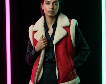 Mens Red Shearling Leather Vest Faux Fur Collar Santa Cosplay Bodywarmer Warm Winter Sleeveless Jacket Festive Holiday Outfit Gift For Him