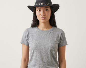 Black Suede Leather Outback Cowboy Hat with Buffalo Nickel Conchos & Studded Band - Western Australian Style Bush Fedora for Men and Women