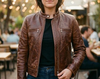 Women's Slim Fit Mahogany Brown Real Leather Cafe Racer Jacket | Distressed Biker Style Coat with Mandarin Collar & Premium Metal Zippers