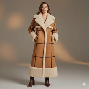 May include: A long, tan coat with a cream-colored shearling collar, cuffs, and hem. The coat features a grid pattern of dark brown lines and a matching vertical line down the front. The model is wearing brown boots.