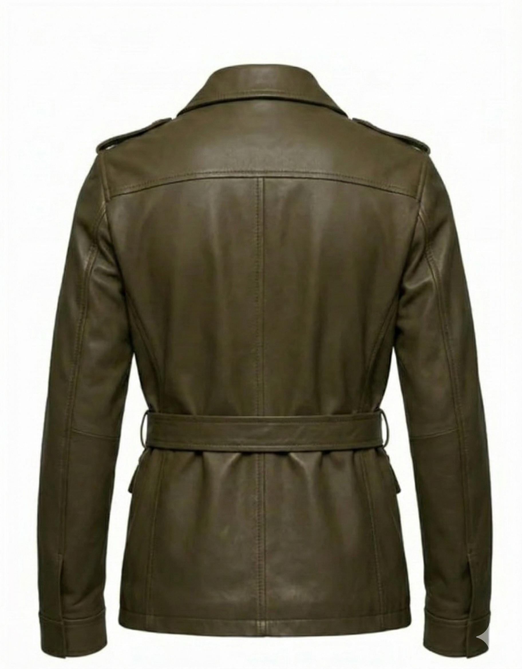 Mens Olive Green Leather Safari Jacket Genuine Field Coat Belted