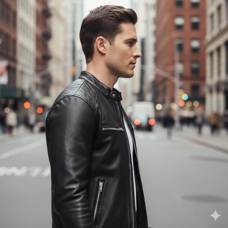 Men's Leather Jacket, Black Leather Jacket, Cafe Racer Jacket, Moto Jacket, Genuine Leather, Biker Jacket, Slim Fit Jacket, Quilted Jacket, Motorcycle Jacket, Gift for Him, Mens Outerwear, Vintage Style Jacket, Padded Shoulders, Lightweight Jacket, Streetwear, Band Collar, Minimalist Jacket, Gift for Dad, Zippered Pockets, Christmas Gift