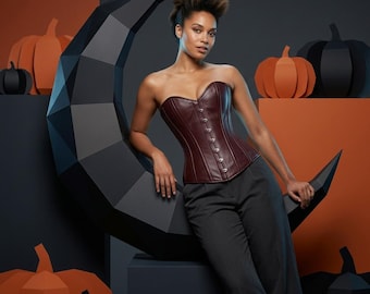 Handmade Burgundy Leather Overbust Corset - Genuine Cowhide Steel Boned Waist Trainer - Victorian Steampunk Bodice Top for Women Fashion