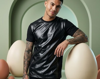 Men's Faux Leather Panel T-Shirt, Slim Fit Black Vegan Leather Front Tee, Edgy Streetwear Short Sleeve Top, Modern Urban Gothic Male Fashion