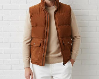 Chaleco acolchado de ante marrón para hombre, chaleco de piel color coñac acolchado, chaqueta cálida sin mangas, chaleco de invierno de lujo, cuello alto, elegante, regalo para él