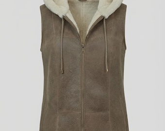 Chaleco marrón de borrego para mujer, con capucha, de imitación de ante, cálido, de invierno, sin mangas, con forro de piel, estilo bohemio, acogedor, ideal como regalo.