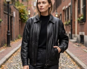 Vintage Oversized Black Leather Bomber Jacket for Women,90s Retro Baggy Soft Grain Streetwear Coat, Midweight Boho Aesthetic Biker Outerwear