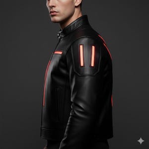 Futuristisk svart läderjacka, herr med lysande cyberpunk-kappa, röd LED-moto-bikerjacka, glödande sci-fi-ytterkläder, handgjort äkta läder
