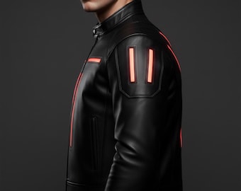 Futuristic Black Leather Jacket, Men's Light Up Cyberpunk Coat, Red LED Moto Biker Jacket, Glowing SciFi Outerwear, Handcrafted Real Leather