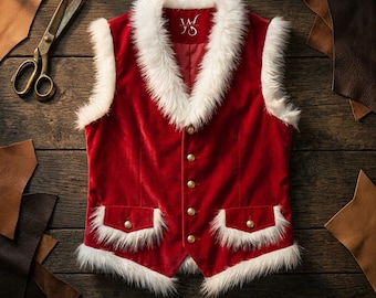 Mens Christmas Velvet Vest with Faux Fur Trim, Red Santa Suit Cosplay Waistcoat, Holiday Party Costume, Festive Xmas Gift for Him