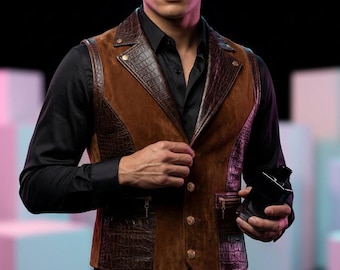 Men Leather Vest Vintage Suede Crocodile Textured Waistcoat Cowboy Western Style Steampunk Vintage Brown Lapel Bodywarmer Gift for Him