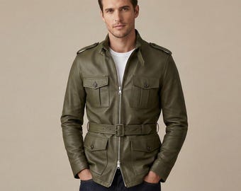 Chaqueta safari de cuero verde oliva para hombre, abrigo de campo auténtico con cinturón, estilo militar, abrigos de invierno cálidos hechos a mano y con bolsillos cargo.