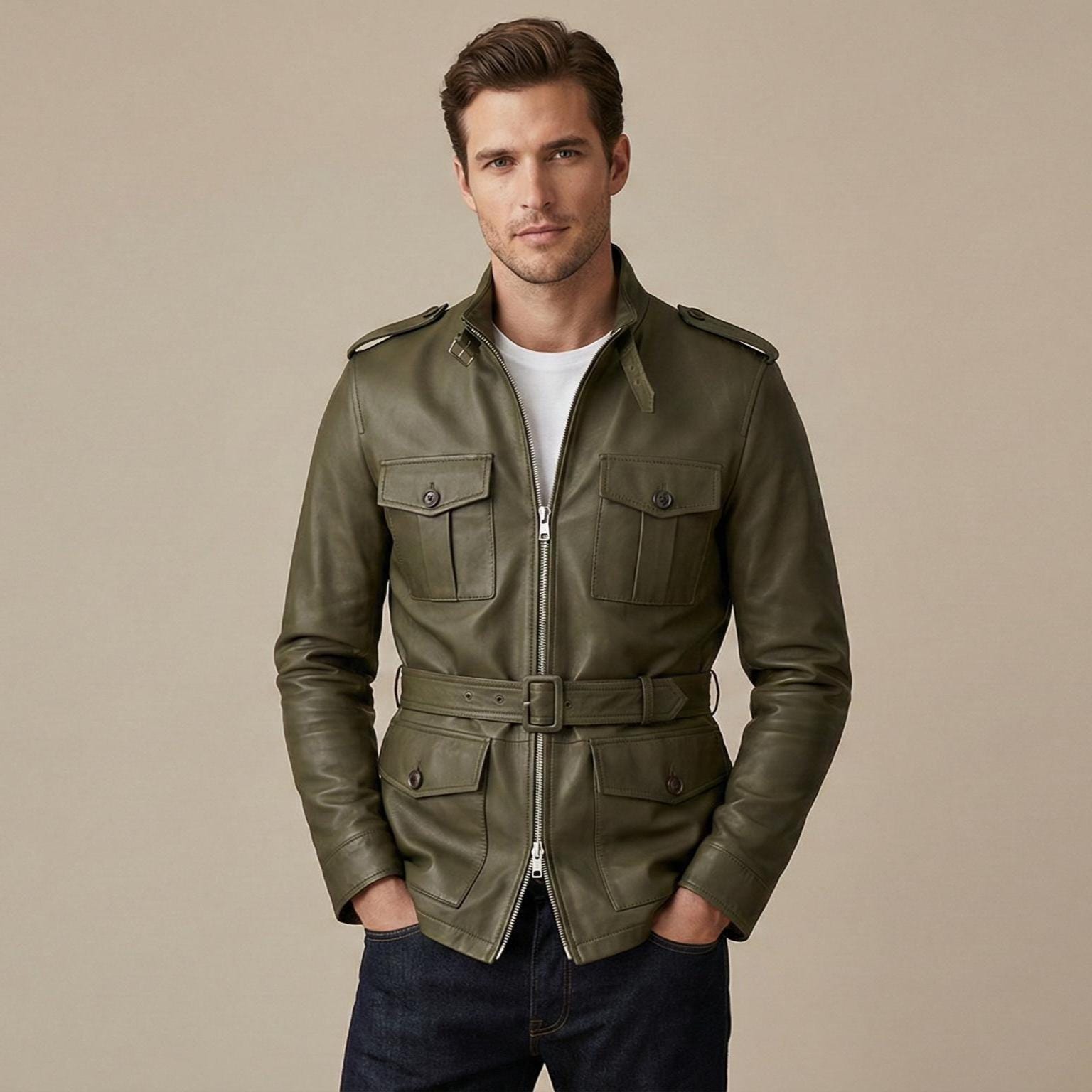 Mens Olive Green Leather Safari Jacket Genuine Field Coat Belted