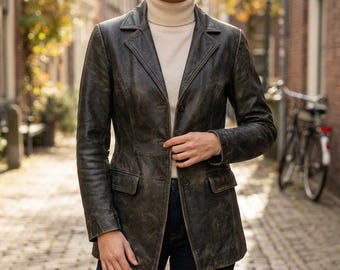 Vintage 90s Distressed Black Leather Blazer Jacket, Women’s Tailored Mid-Length Trench Coat, Retro Y2K Streetwear, Genuine Leather Outerwear