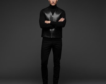 Chaleco de piel de cocodrilo negro para hombre, estilo motero, gótico, sin mangas, sin mangas, de piel exótica. Ideal para regalar.