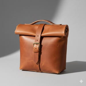 Könnte beinhalten: Eine braune Ledertasche mit Henkel und Rollverschluss. Die Tasche hat einen Schnallenverschluss und einen Riemen, der sich um die Vorderseite wickelt. Die Tasche ist rechteckig und scheint aus hochwertigem Leder zu sein.