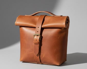 Handmade Leather Lunch Bag, Personalized Roll Top Insulated Food Carrier, Sustainable Mens Brown Toiletry Kit, Luxury Picnic Gift for Him