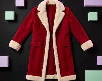 Men's Red Shearling Trench Coat, Vintage Burgundy Long Winter Overcoat, Warm Plush Fleece Lined Jacket, Cozy Cosplay Holiday Christmas Gift