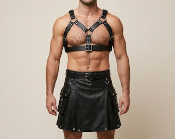 Falda escocesa utilitaria de cuero negro para hombre con arnés de pecho a juego y bolsillos cargo / Atuendo gótico steampunk para festivales / Conjunto de correas corporales ajustables