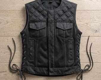 Women's Black Mesh Motorcycle Vest with Diamond Quilted Leather Yoke, Adjustable Side Laces, Concealed Carry Pockets & Tactical Biker Style