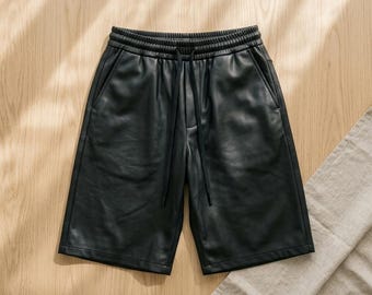 Men’s Black Faux Leather Basketball Shorts, Streetwear Loose Fit Vegan Skinny Bermuda Gym Bottoms, Edgy Urban Athletic Wear & Casual Gifts
