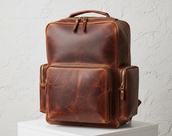 Handmade Full Grain Leather Backpack for Men, Large 15" Laptop Rucksack, Vintage Brown Travel Daypack, Distressed Leather Briefcase Bag Gift