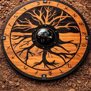 24 Inch Medieval Viking Wooden Shield | Handmade Battle Worn Tree Design Shield