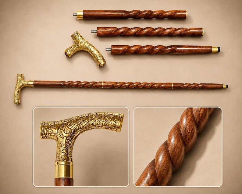 Op de afbeelding: Een inklapbare wandelstok met een donkerbruine houten schacht met een gedraaid touwontwerp en een goudkleurig metalen handvat met gedetailleerde bloemgravures. De set bevat drie schachtsegmenten en &eacute;&eacute;n handvat, ook in gemonteerde staat getoond.