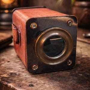 May include: A vintage-style, rectangular camera with a brown leather body and a black metal front. The camera features a brass lens and is secured with small screws. The design evokes a classic, antique aesthetic.