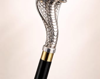 Wandelstok met cobra-slangenkop | Handgemaakte exotische slangenwandelstok | Gotisch vintage verzamelobject