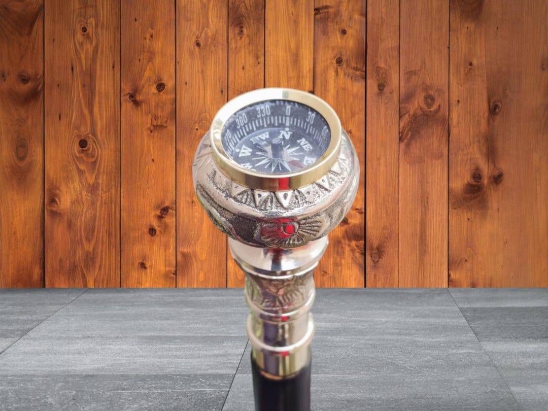 Vintage Compass Handle Walking Cane | Brass Handle Hardwood Stick ...