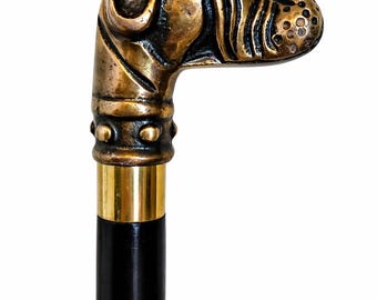 Steampunk Victorian Bulldog Cane - Luxury Black Wooden Walking Stick with Antique Brass Finish Animal Handle