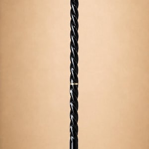 Op de afbeelding: Een wandelstok met een zwarte schacht in een gedraaid ontwerp en goudkleurige metalen ringen. Het handvat is gemaakt van gepolijst zilverkleurig metaal met een gedetailleerd reli&euml;fpatroon. De stok staat verticaal tegen een effen achtergrond.