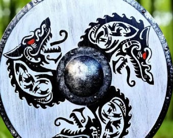 Medieval Dragon Print Viking Shield | Battle-Worn Valhalla Wooden Norse Warrior Decor & LARP Display Shield