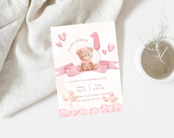 Invitación editable para el primer cumpleaños de niña con temática de osito de peluche, invitación rosa para fiesta, plantilla digital imprimible para descarga.