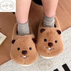 Cozy Groundhog Plush Slippers, Winter Furry Home Shoes